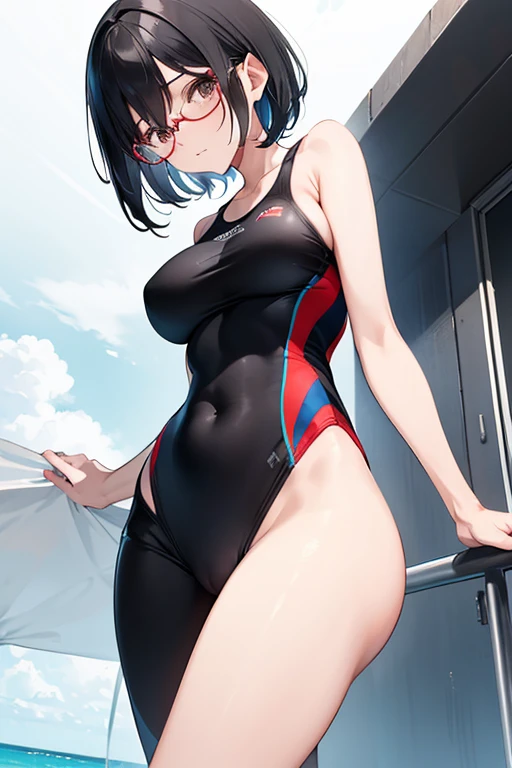 1 girl, (Slim body:1.2), (Huge breasts:1.1), Black hair, Short hair, Black eyes, Competitive swimsuit, Red-rimmed glasses, Angle from below, embarrassed,