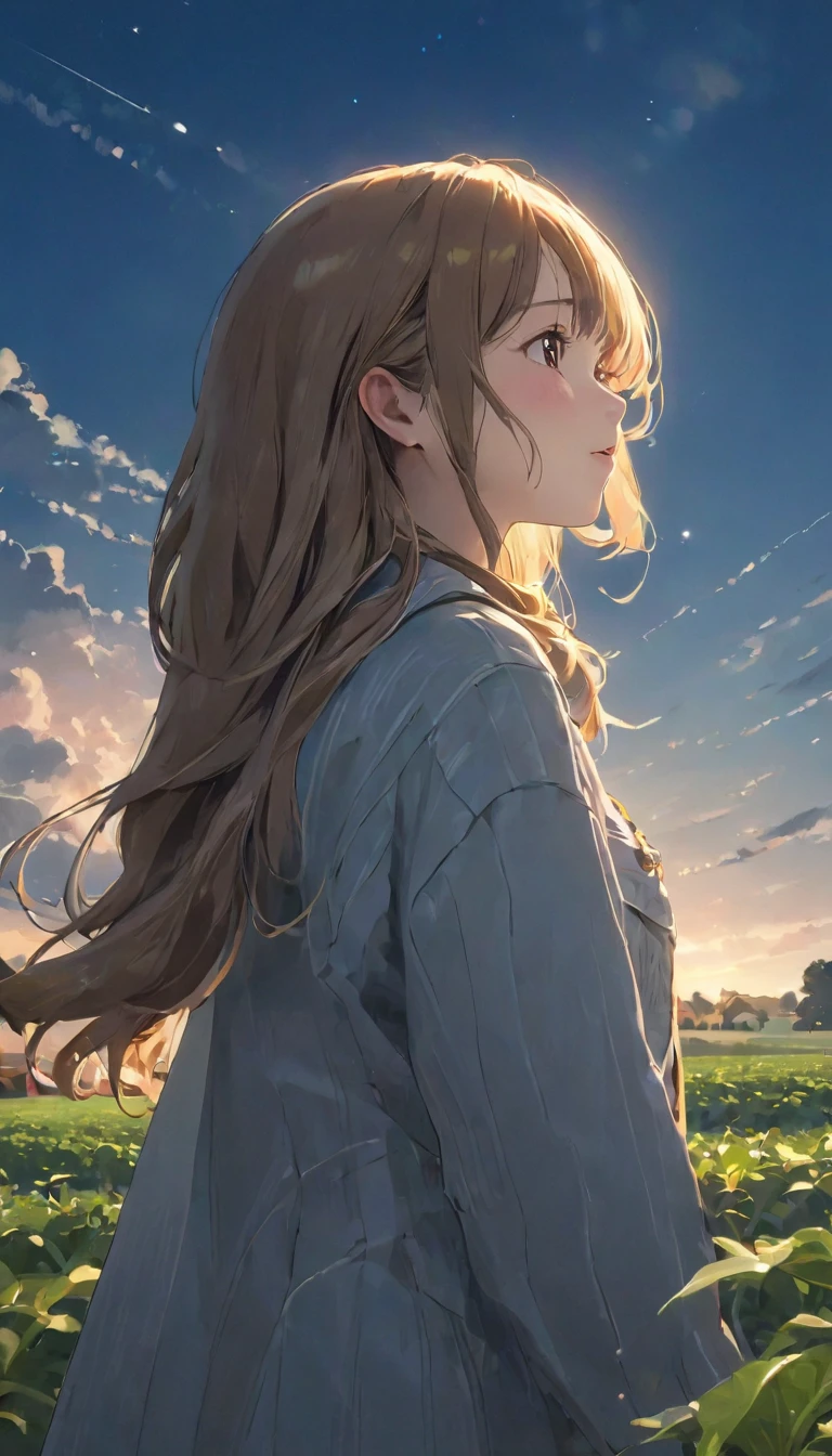 UHigh resolution, retina, masterpiece, Accurate, Anatomically correct, Textured skin, Very detailed, Attention to detail, high quality, 最high quality, High resolution, 1080P, High resolution, 4K, 8K, 16K, Tabletop、alone、One Girl、pretty girl、evening、Looking up at the sky、evening:1.5、Orange cumulonimbus clouds、Farm roads in the countryside、One々Field、Full body angle、warm color