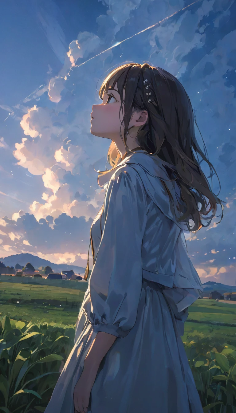 UHigh resolution, retina, masterpiece, Accurate, Anatomically correct, Textured skin, Very detailed, Attention to detail, high quality, 最high quality, High resolution, 1080P, High resolution, 4K, 8K, 16K, Tabletop、alone、One Girl、pretty girl、evening、Looking up at the sky、evening:1.5、Orange cumulonimbus clouds、Farm roads in the countryside、One々Field、Full body angle、warm color