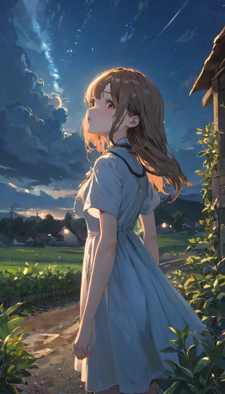 UHigh resolution, retina, masterpiece, Accurate, Anatomically correct, Textured skin, Very detailed, Attention to detail, high quality, 最high quality, High resolution, 1080P, High resolution, 4K, 8K, 16K, Tabletop、alone、One Girl、pretty girl、evening、Looking up at the sky、evening:1.5、Orange cumulonimbus clouds、Farm roads in the countryside、One々Field、Full body angle、warm color