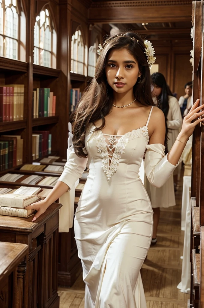 Fashion very long runway ivory dress in a heavenly Oxford library worn by a south asian girl. There are pearls on the bust of the dress. The girl has flowers and pearl in her hair. 