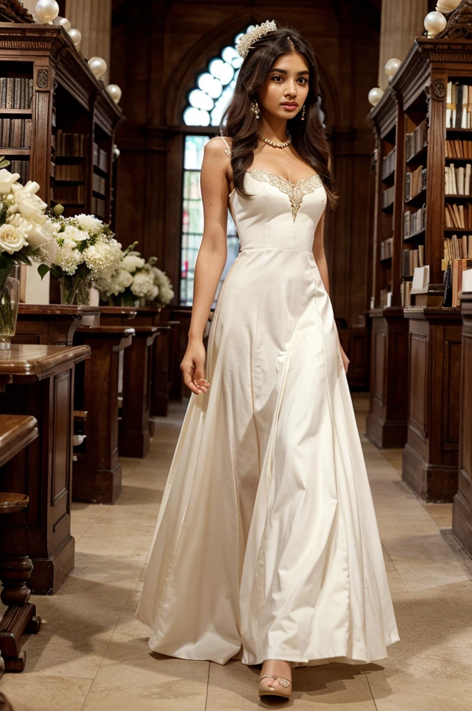 Fashion very long runway ivory dress in a heavenly Oxford library worn by a south asian girl. There are pearls on the bust of the dress. The girl has flowers and pearl in her hair. 