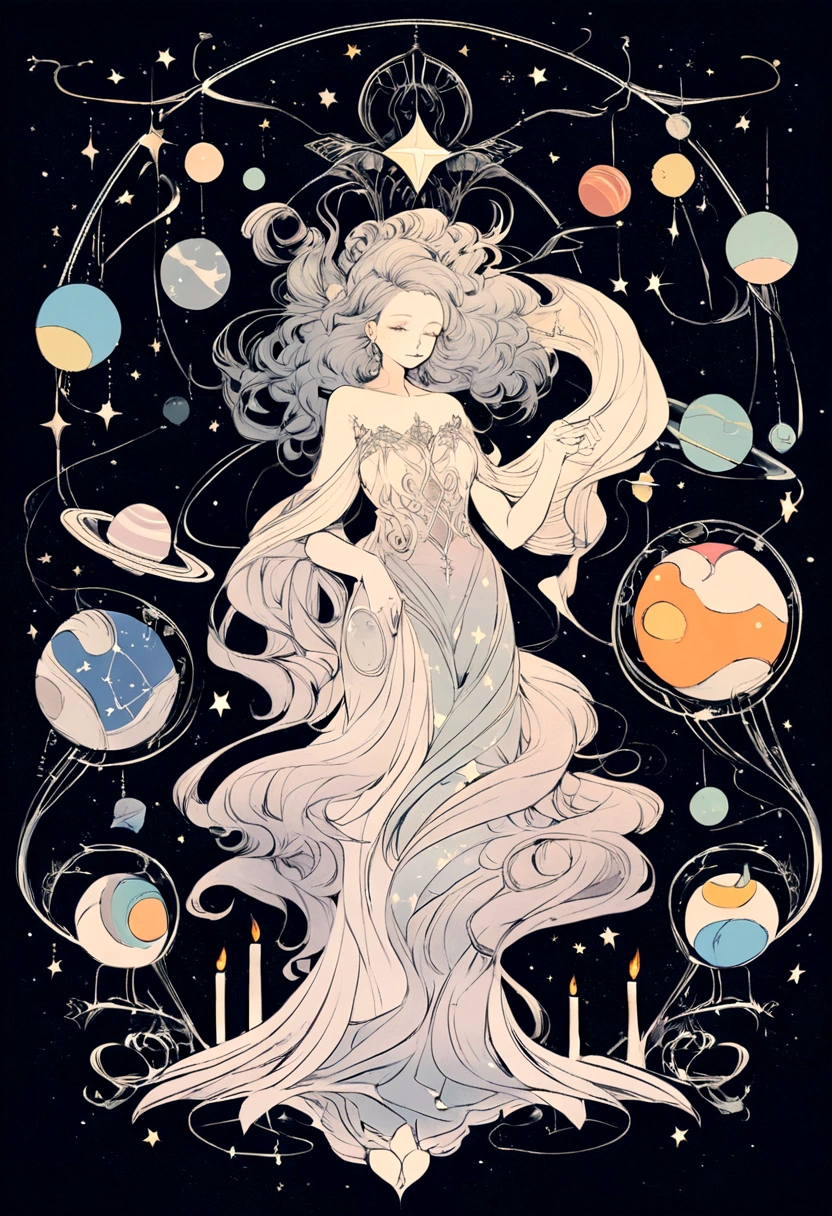 CREATE AN IMAGE IN THE FORMAT OF A PENCIL DRAWING WHERE THE SMOKE FROM THE CANDLE FORMS A CONSTELLATION WITH PLANETS AND STARS, THE BACKGROUND MUST BE LIGHT COLORS
