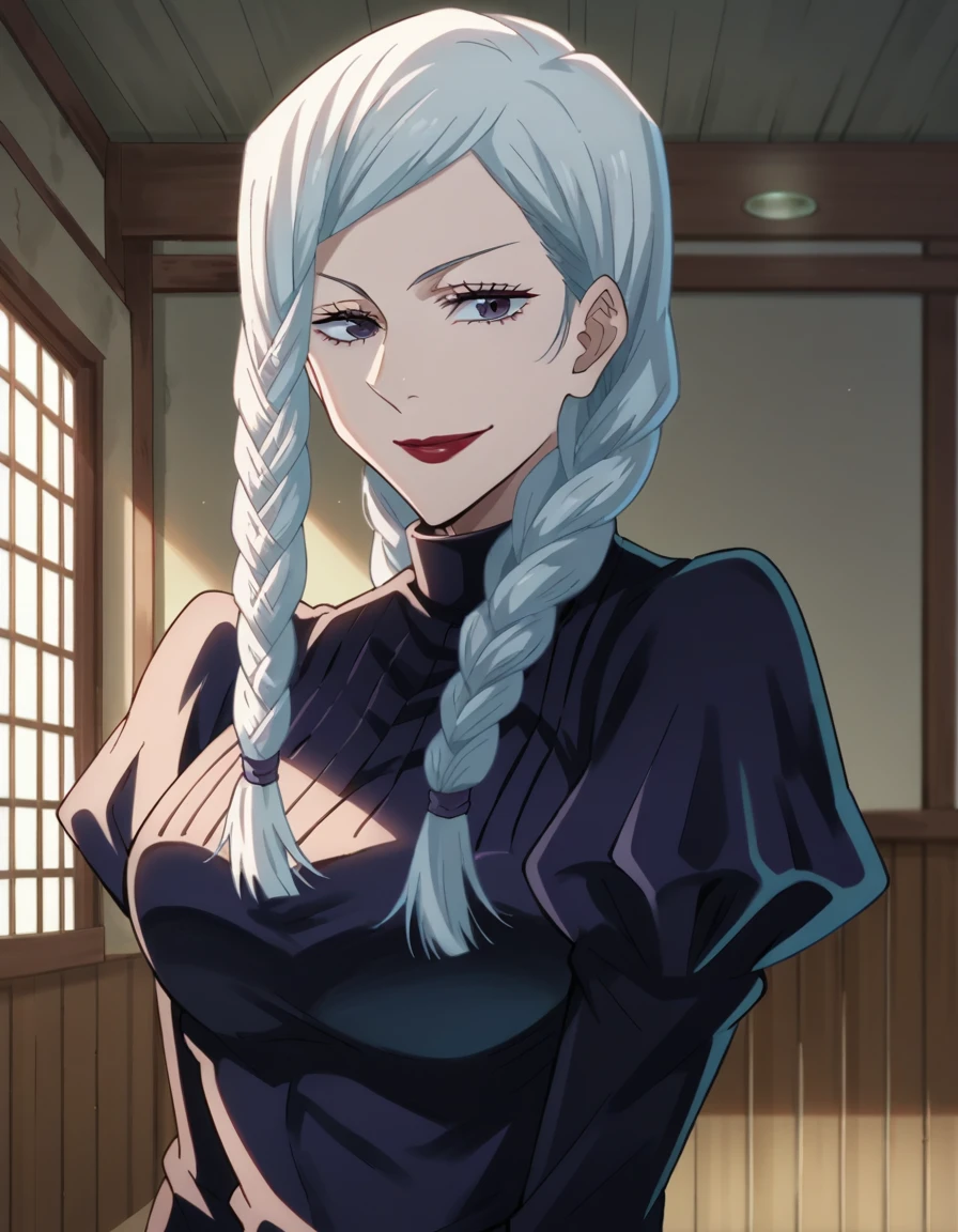 score_9, score_8_up, score_7_up, source_anime,
Meimei, Mei Mei, white braided hair, purple eyes, red lips,
Black tight dress, jujutsu kaisen uniform,
indoors, dojo, seductive pose,
solo, naughty smile, looking at viewer,