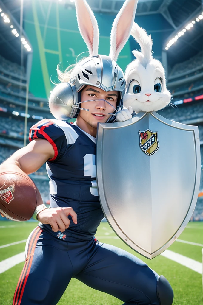 Create a football shield with Bugs Bunny showing two on his finger