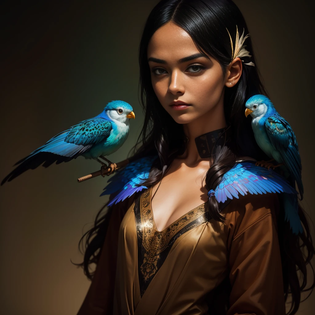 A mesmerizing hyper-realistic portrait by the talented artist Esao Andrews, depicting a unique human-bird creature. The girl has a slender form with a complex internal structure, and her transparent skin reveals a dazzling array of multi-colored neon dots emitting a brilliant glow. Her otherworldly bird-like face is gently cradled in her hands, surrounded by an enigmatic atmosphere. The artwork masterfully combines Esao Andrews' signature artistic techniques, evoking feelings of wonder and mystique, and captivating the viewer's imagination.