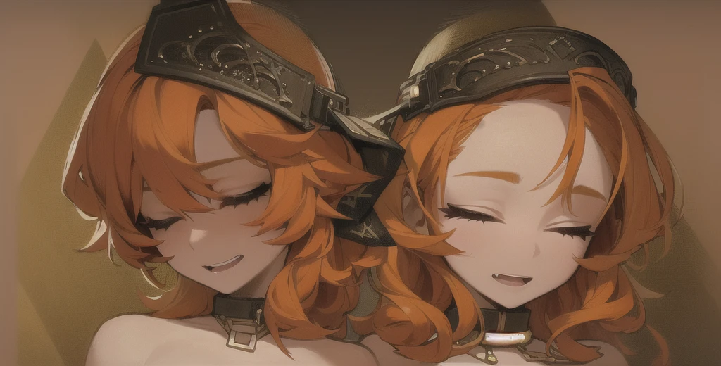 two sexy women, portrait, closed eyes, opened mouths, short curly orange hair,