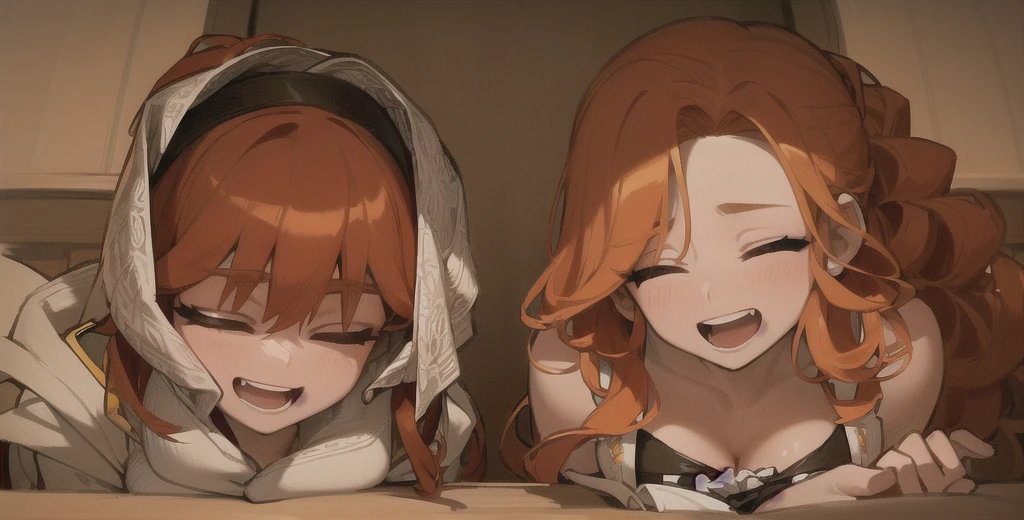 two sexy women, portrait, closed eyes, opened mouths, short curly orange hair,
