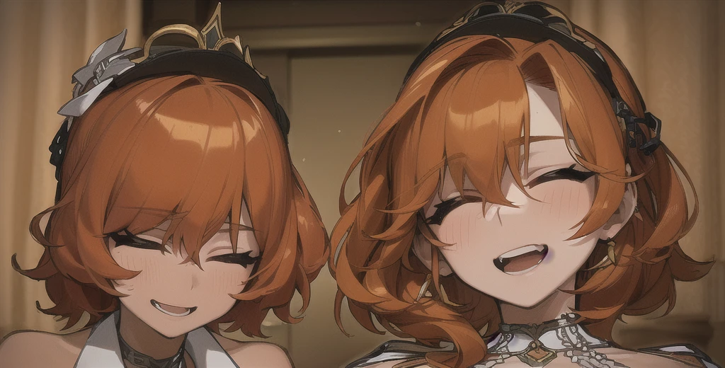 two sexy women, portrait, closed eyes, opened mouths, short curly orange hair, 