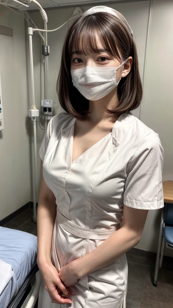 1 girl,(Wearing white nurse clothes:1.2),(RAW Photos, highest quality), (Realistic, photo-Realistic:1.4), masterpiece, Very delicate and beautiful, Very detailed, 2k wallpaper, wonderful, finely, Very detailed CG unity 8k wallpaper, Very detailed, High resolution, Soft Light, Beautiful detailed girl, Very detailed eyes and face, Beautiful and detailed nose, finely beautiful eyes, nurse, Perfect Anatomy, Black Hair, Upstyle, nurse uniform, ((mask)), Long skirt, nurse, White costume, thin, hospital, clear, White Uniform, hospital room, Neck auscultation,Bobcut
