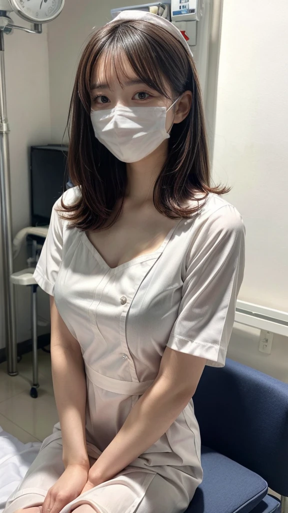 1 girl,(Wearing white nurse clothes:1.2),(RAW Photos, highest quality), (Realistic, photo-Realistic:1.4), masterpiece, Very delicate and beautiful, Very detailed, 2k wallpaper, wonderful, finely, Very detailed CG unity 8k wallpaper, Very detailed, High resolution, Soft Light, Beautiful detailed girl, Very detailed eyes and face, Beautiful and detailed nose, finely beautiful eyes, nurse, Perfect Anatomy, Black Hair, Upstyle, nurse uniform, ((mask)), Long skirt, nurse, White costume, thin, hospital, clear, White Uniform, hospital room, Neck auscultation,Bobcut