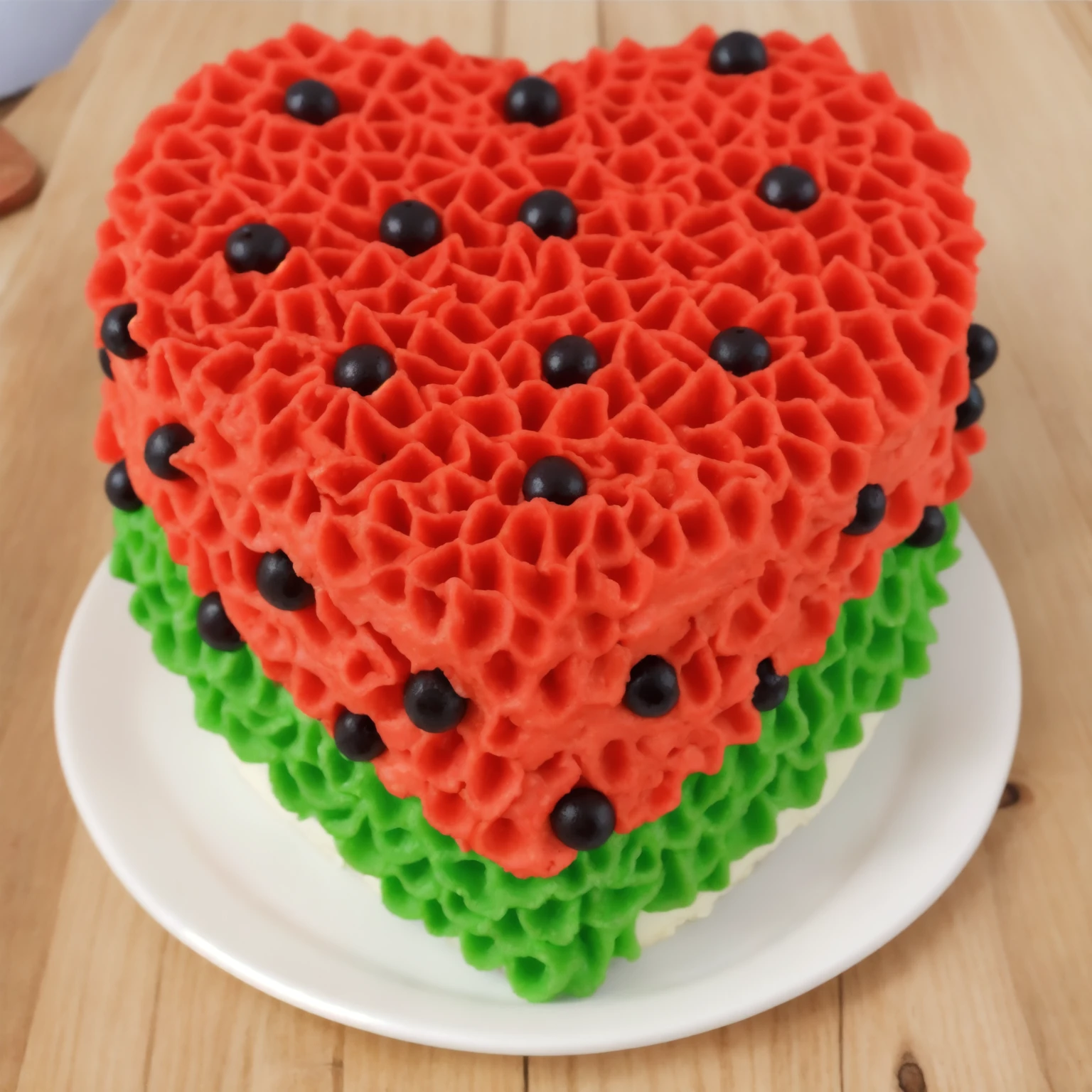 on a wooden table, there is a heart-shaped cake on a white plate,. red and green cream cake. Multiple light sources, bright lighting, Realistic style , realistic texture, detailed texture, A high resolution, high quality, macro photo, ultra hd 4k quality.