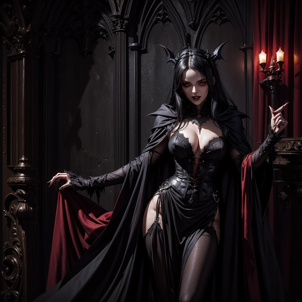 A sexy dark vampire has her arms open at her sides, bats with red eyes and sharp teeth emerge from her cloak, in the background a gothic room with a coffin leaning against the wall