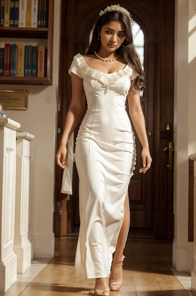 Fashion very long runway ivory dress in a heavenly Oxford library worn by a south asian girl. There are pearls on the bust and the bottom of the dress. The girl has flowers and pearl in her hair.