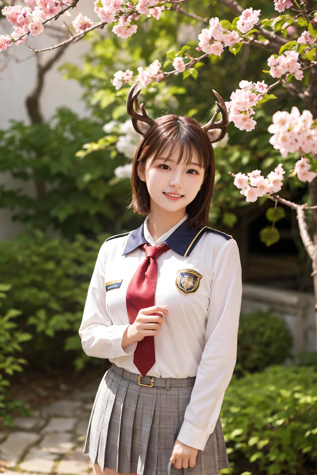 short hair, Very sexy, 20 years, ((In a sexy uniform, Fascinating)), Standing in the garden, Cherry Tree, Enjoy the sun, very happy, big , Browsing Caution, Deer horn,