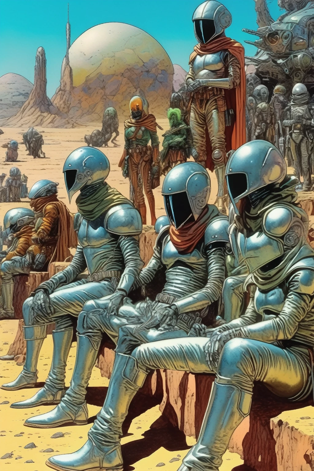 Mobis (Jean Giraud) Style - A picture by Jean Giraud Mobis, The picture shows a large group of alien bounty hunters in silver armor taking a rest, western backdrop in Mobis' signature style with sharp detailing and vibrant colors. Shot with Panavision Panaflex Gold II and Ultra Panavision 70 lenses, The image is full of film grain and low-key lighting，It creates a mysterious and tense atmosphere.