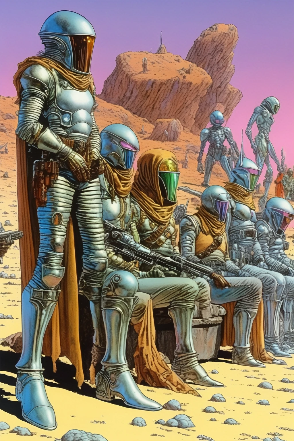 Mobis (Jean Giraud) Style - A picture by Jean Giraud Mobis, The picture shows a large group of alien bounty hunters in silver armor taking a rest, western backdrop in Mobis' signature style with sharp detailing and vibrant colors. Shot with Panavision Panaflex Gold II and Ultra Panavision 70 lenses, The image is full of film grain and low-key lighting,It creates a mysterious and tense atmosphere.