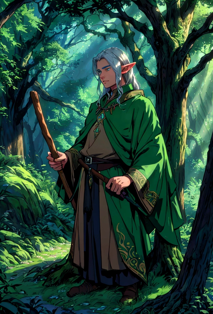 A drawing of a man holding a walking stick in the forest., portrait of a forest Mages, a a druid, of the tree wizard,20 years old,  elf male,elf,  fantasy Mages, Spelling Wizard, nature a druid, elf, a druid, world of warcraft elf a druid, archMages, Mages, เรนเจอร์elfชาย, greatest elf warrior, tree a druid, epic elf warrior