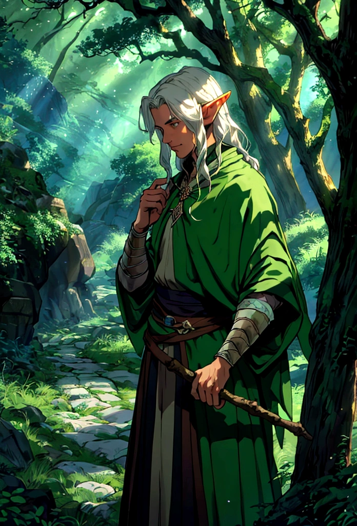 A drawing of a man holding a walking stick in the forest., portrait of a forest Mages, a a druid, of the tree wizard,20 years old,  elf male,elf,  fantasy Mages, Spelling Wizard, nature a druid, elf, a druid, world of warcraft elf a druid, archMages, Mages, เรนเจอร์elfชาย, greatest elf warrior, tree a druid, epic elf warrior