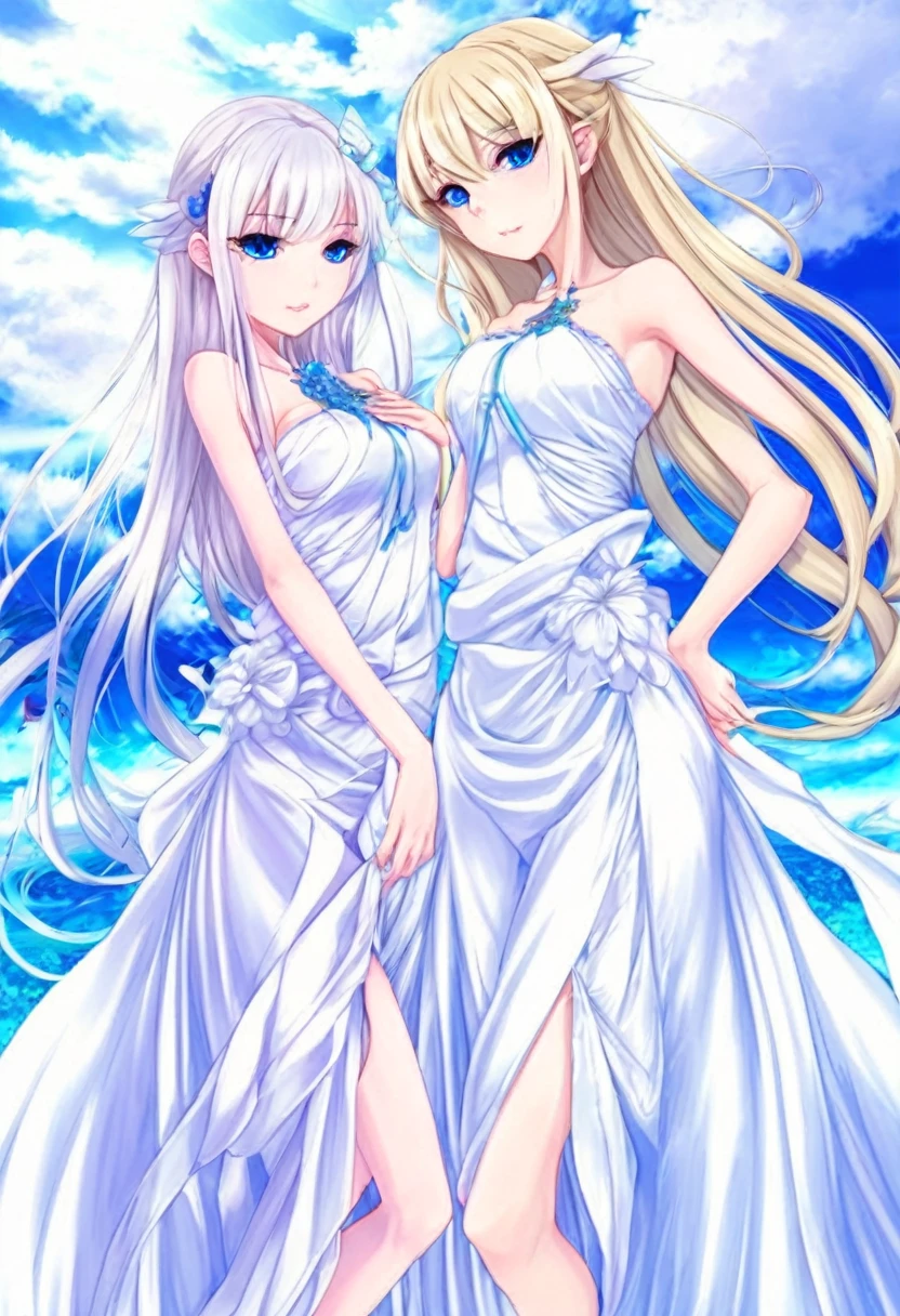 Blonde girls, blue eyes, white dress, anime