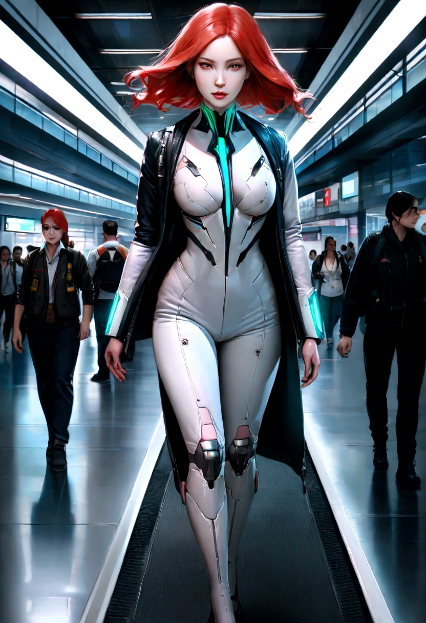 Animatrix style, ultra-realistic, cyberpunk, science fiction, character, feminine, ultra textured, perfect face. A beautiful redhead airplane pilot has mutant powers, she is powerful and walks empowered in the middle of an airport. Her clothing has bright and combined colors.