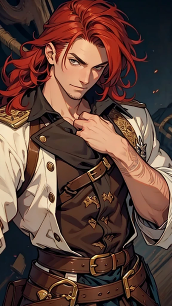 Male, reddish hair, brown eyes, highly detailed, pirate, detailed background 