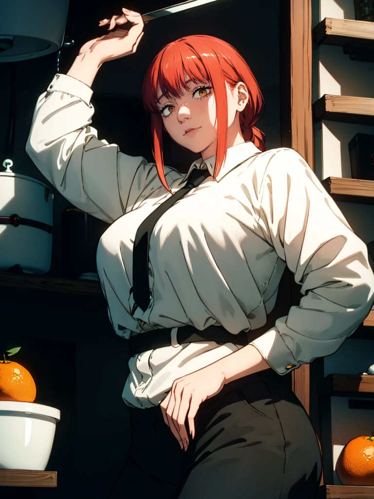 Le personnage Makima de la série animée Chainsaw Man, fragile, obésité morbide, ssbbw, pleine longueur (corps entier 1.1.), fond sombre, obscurité, anatomie correcte 1.1, anatomie correcte de la main, Très féminin, corps gras et rond, grosses Jambes, fesses, beau corps obèse, ventre rond et mou très gras, cheveux roux, Yeux oranges, Cercles rouges pour les écoliers, chemise blanche, jupe noire, cravate noire, pose sexy, réaliste, very détaillé, beau corps, détaillé body, détaillé hands, détaillé, vibrant, détaillé Face, Conception des personnages de Makima. very détaillé, détaillé body, détaillé hands, détaillé Face, Art animé, Hugh Détails, Visage très abattu, détaillé eyes, Illustration ultra fine, Meilleure ombre, détail fin, beautiful détaillé glow, beautiful détaillé, Extraordinairement beau, extremely détaillé, inexpressif, composition épique, Style animé. art animé, Style animé. Jupe noire, chemise blanche, cravatte, pose sexy