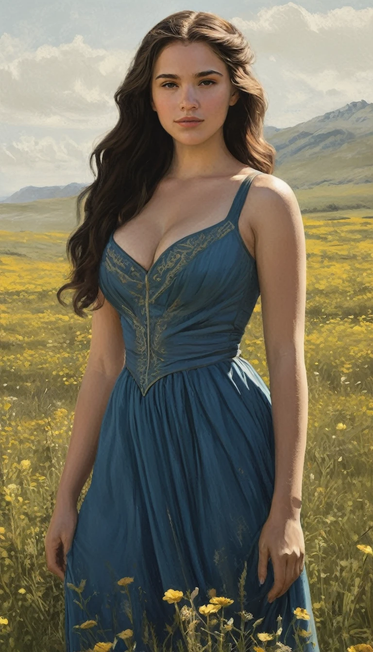 An illustrated movie poster, hand-drawn, full color, a Westerosi teen girl, wearing a long regal dress, resembles Ana De Armas, sun-tanned complexion, athletic, hourglass figure, toned midriff, bottom-heavy, generous hips, massive bubble-butt, ridiculously thick powerful thighs, dark hair, long hair, waist-length hair, posing in a field of wildflowers, hard shadows, graphite shading, stencil marks, airbrushed acrylic paint, masterpiece, in the style of Game of Thrones