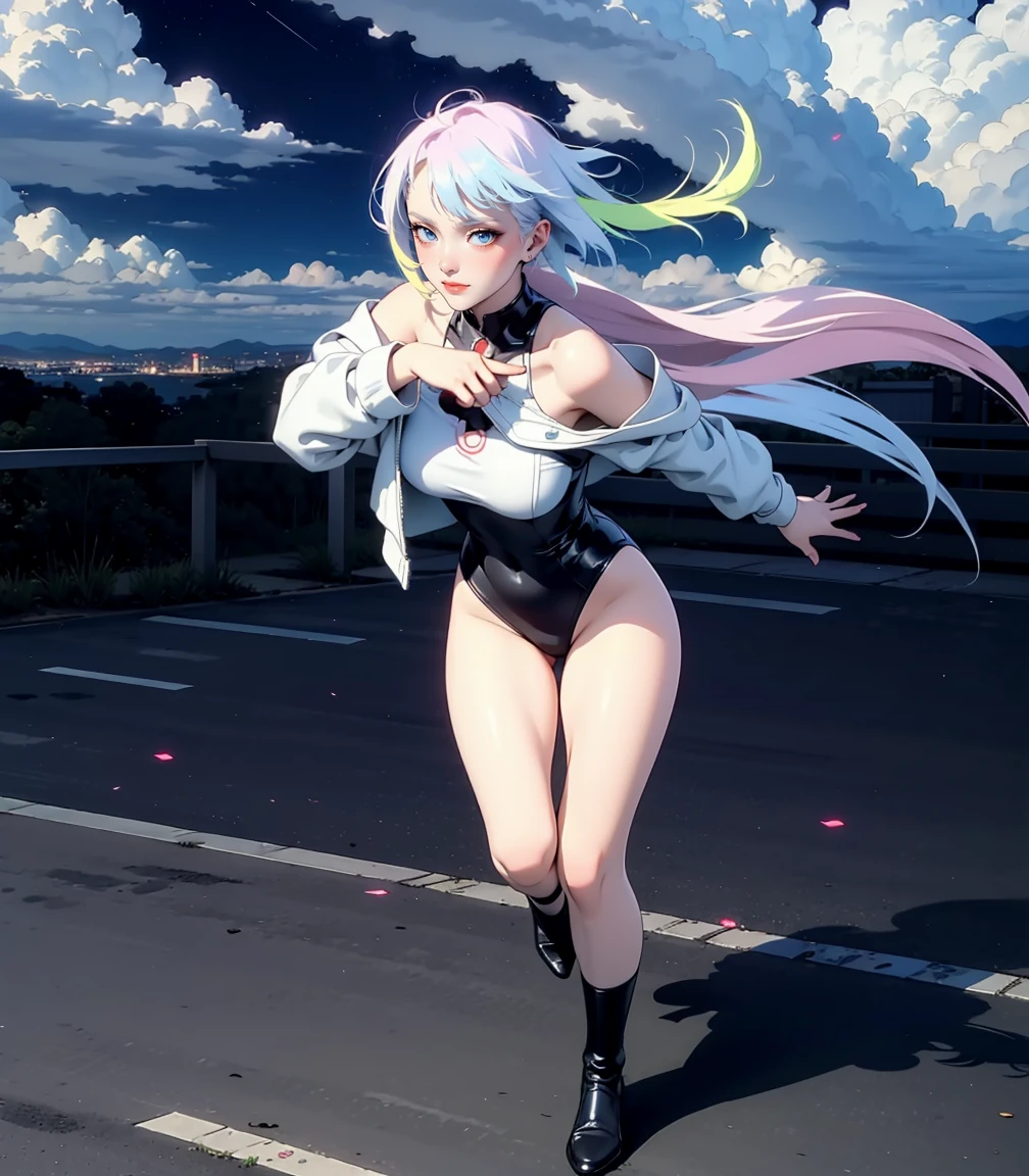 Masterpiece, best quality, 16k resolution, NVIDIA RTX Ray Tracing technology, Create a 4K resolution, ultra-realistic, and extremely detailed artwork, award winning, retina, soft light, sharp focus.(hyper-realistic:1.4), (full body:1.5), (Night, night time:1.4), from above
cyberpunklucy, lucy, short hair, bangs, blue eyes, blue hair, multicolored hair, makeup, (multicolored eyes:1.3), smile, standing
BREAK bare hips, bodysuit, jacket, leotard, monowire, off shoulder, off-shoulder jacket, open clothes, open jacket
BREAK outdoors, city, moon, night, sky, clouds,
sexy, Sexy, smooth perfect skin, smooth_skin
Beautiful、(red blush)、Sexy
FULL BODY SHOT, ultra wide angle, textured skin, face detail, clean skin, perfect hands, perfect anatomy, anatomically correct,
(Realistic park:1.3)