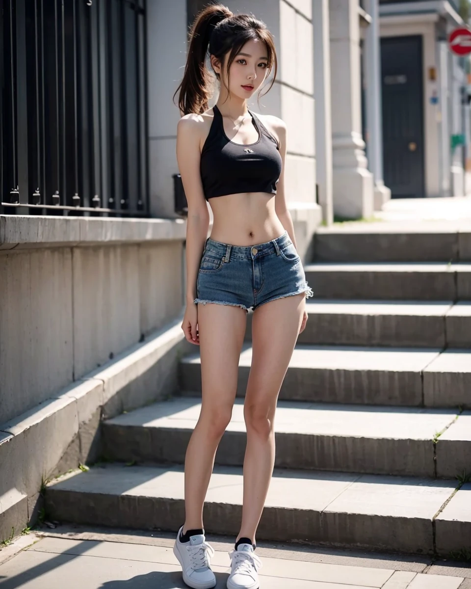 Beautiful Japanese Waifu, early 30s, brunette hair, black cropped vest, cropped denim, trainers