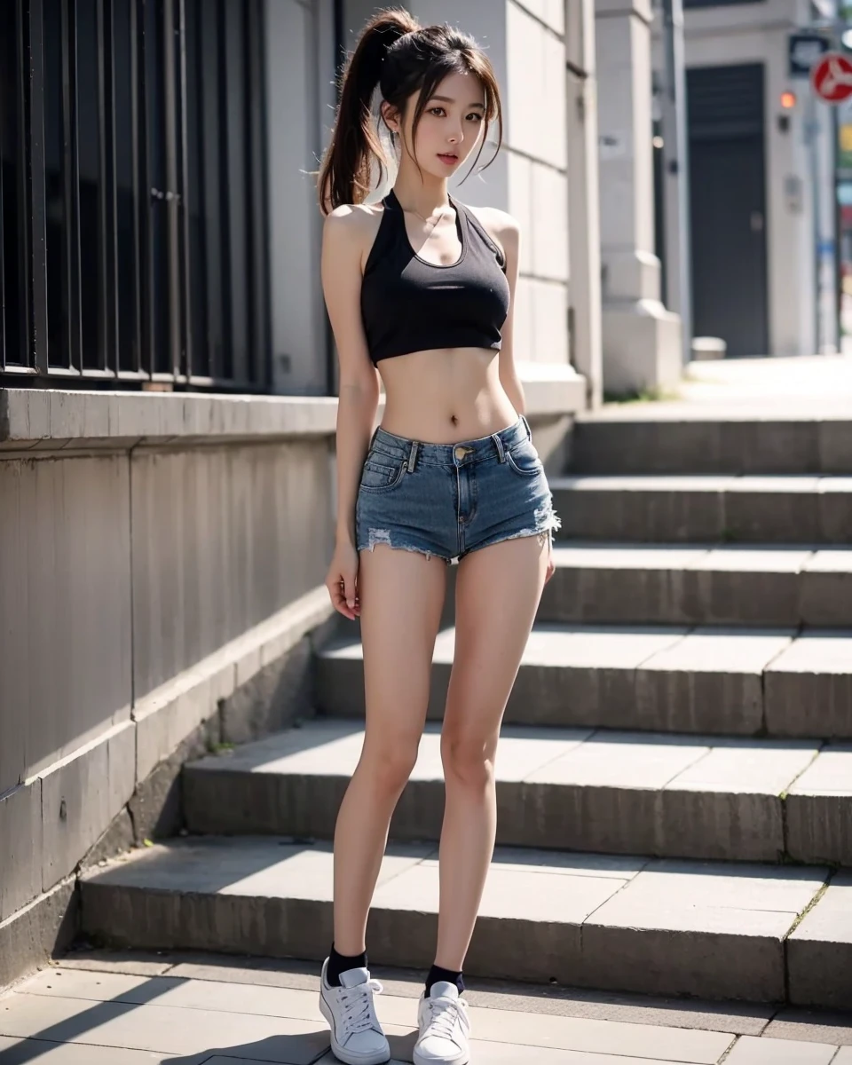 Beautiful Japanese Waifu, early 30s, brunette hair, black cropped vest, cropped denim, trainers 