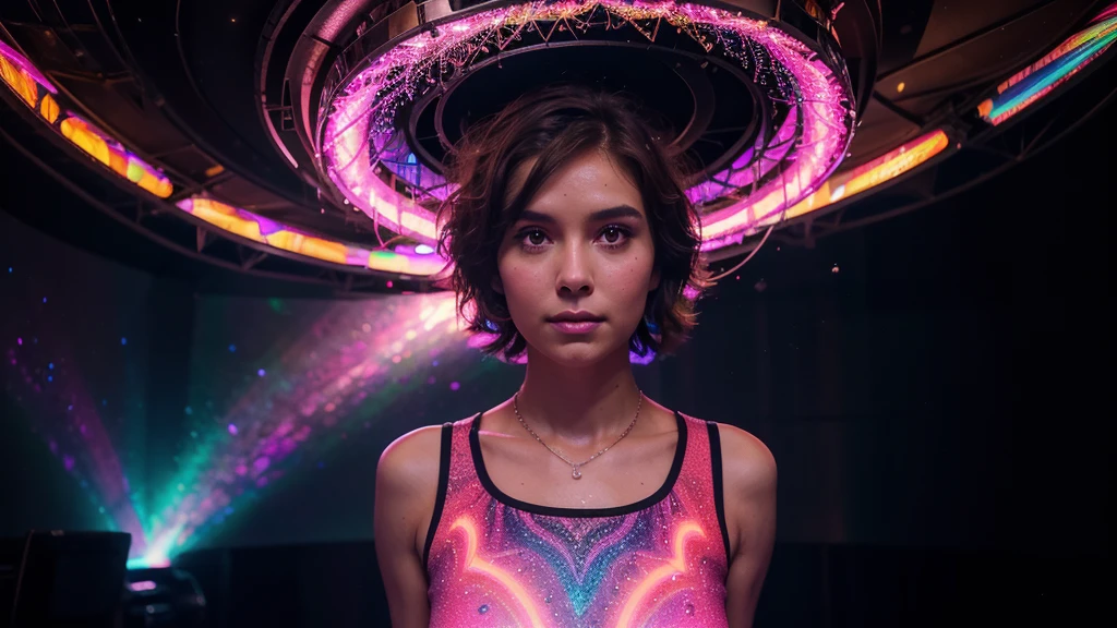 a cute, slender, aerobics instructor, very short brown hair, very short brown hair, very short brown hair, very short brown hair, very short brown hair, brown eyes, dimples, sexy pose; In a kaleidoscopic realm of swirling stardust and neon nebulae, her incandescent form outshines quasars, with obsidian tresses cascading down her silhouette. more neon psychedelic lighting, more neon psychedelic lighting, more neon psychedelic lighting,