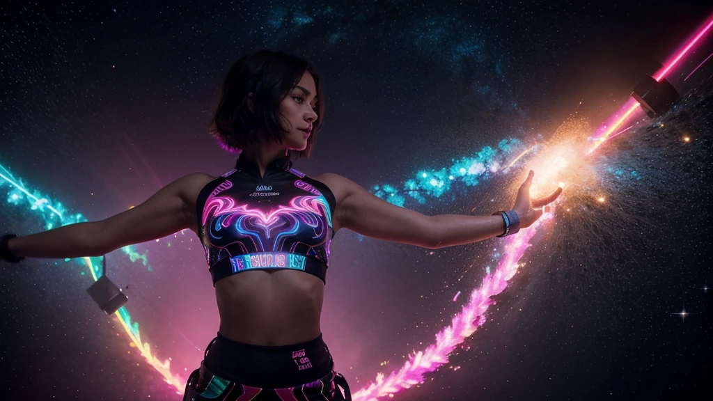 a cute, slender, aerobics instructor, very short brown hair, very short brown hair, very short brown hair, very short brown hair, very short brown hair, brown eyes, dimples, sexy pose; In a kaleidoscopic realm of swirling stardust and neon nebulae, her incandescent form outshines quasars, with obsidian tresses cascading down her silhouette. more neon psychedelic lighting, more neon psychedelic lighting, more neon psychedelic lighting,