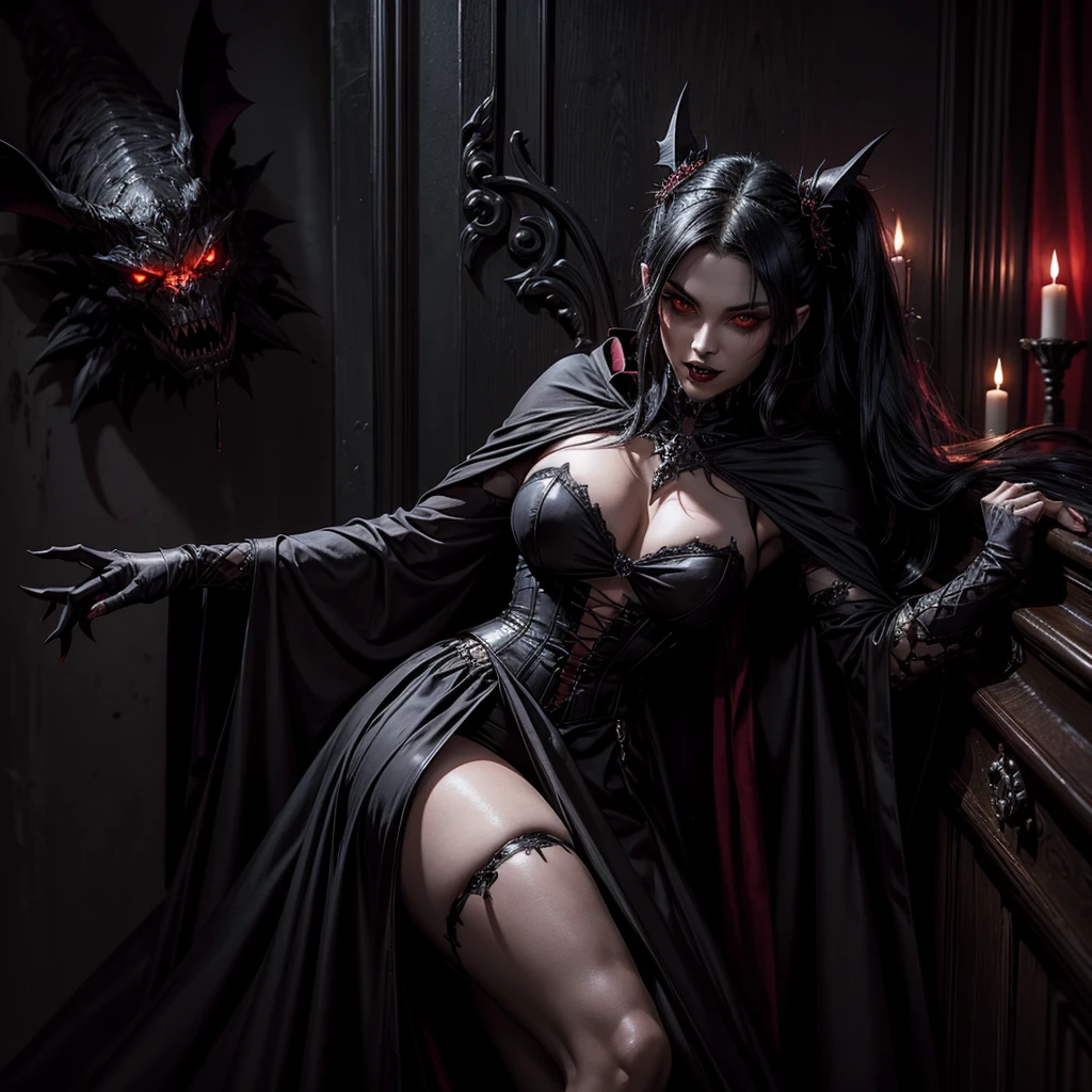 A sexy dark vampire has her arms open at her sides, bats with red eyes and sharp teeth emerge from her cloak, in the background a gothic room with a coffin leaning against the wall