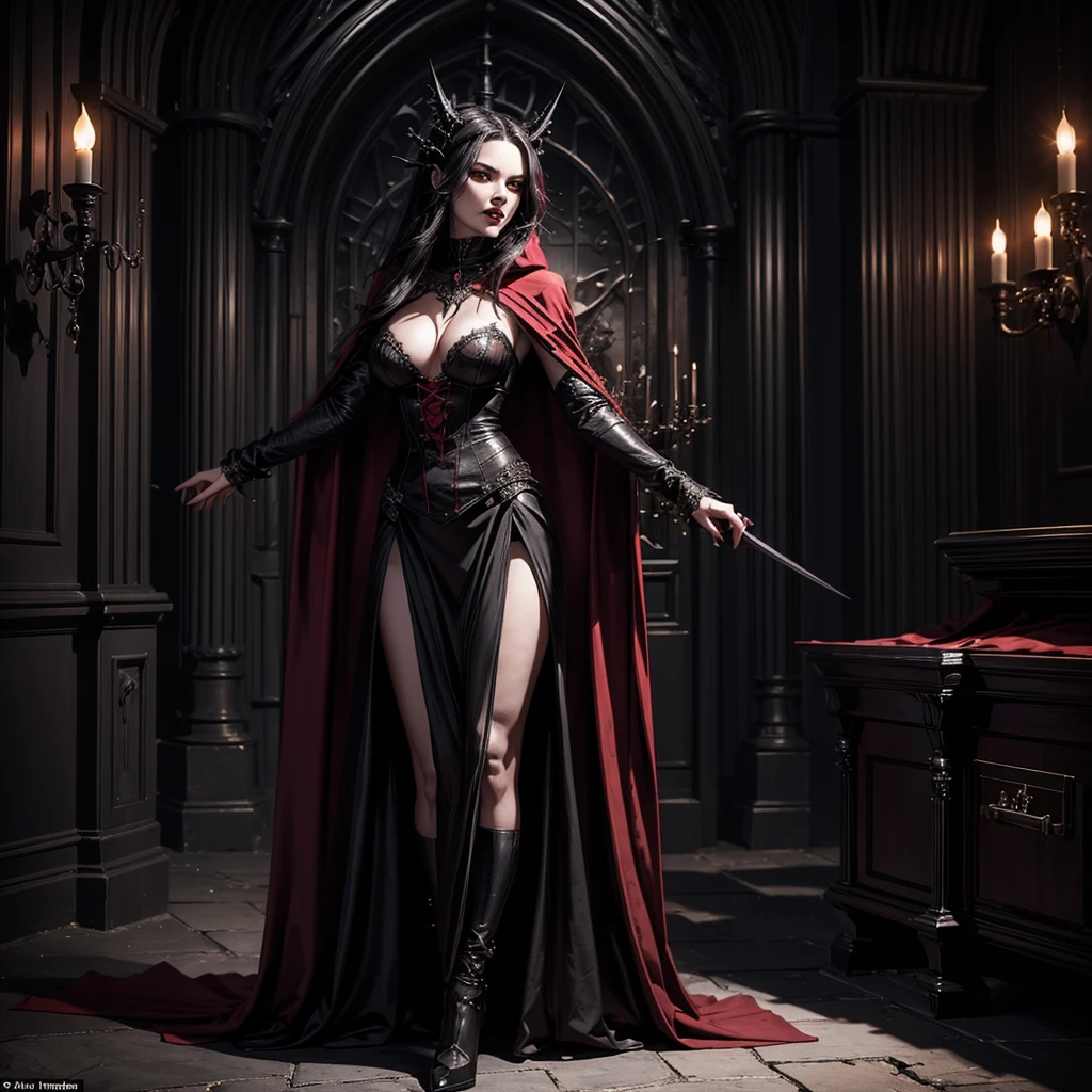 A sexy dark vampire has her arms open at her sides, bats with red eyes and sharp teeth emerge from her cloak, in the background a gothic room with a coffin leaning against the wall