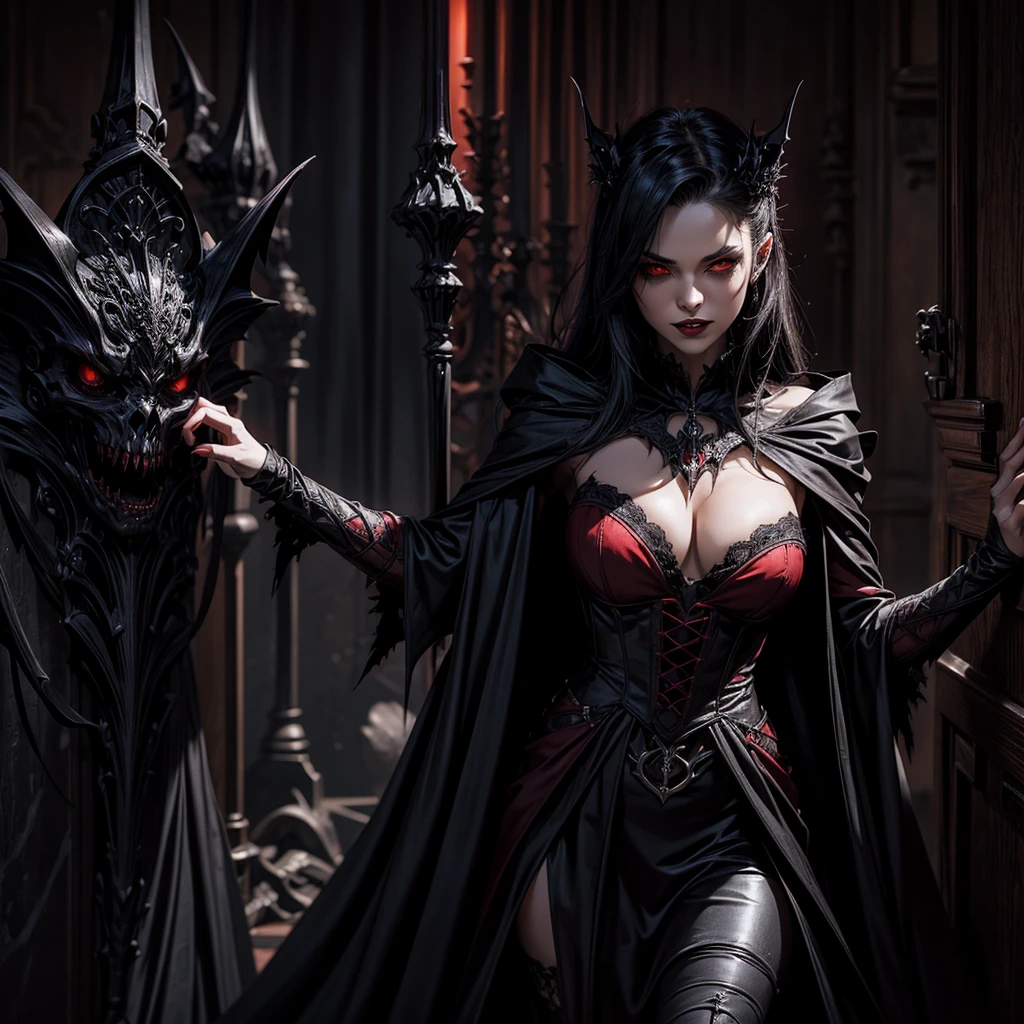 A sexy dark vampire has her arms open at her sides, bats with red eyes and sharp teeth emerge from her cloak, in the background a gothic room with a coffin leaning against the wall