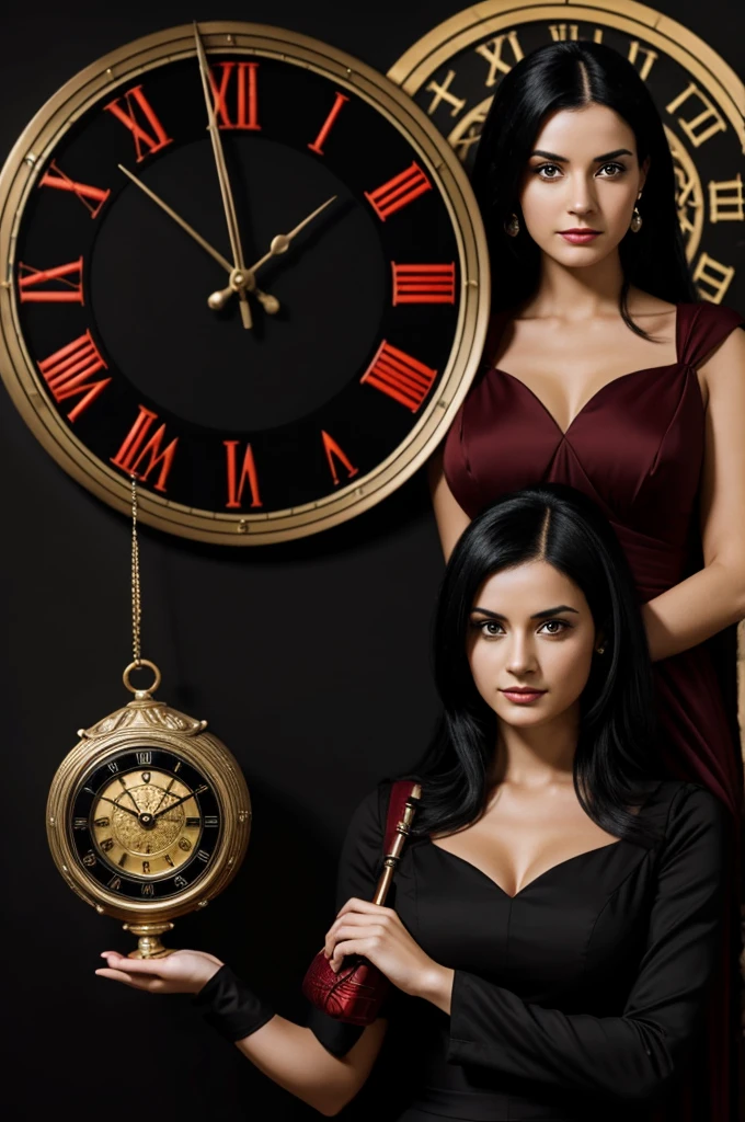 A woman with red eyes and black hair, wearing a dark red dress carrying a Roman clock in her hands, and a sinister black background