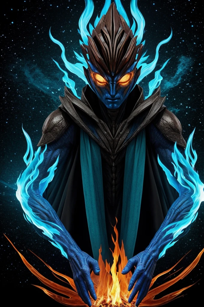Humanoid Blue Fire Plant Alien,The Head and their Hands Are covered With Blue Intense Flame,The Body Mostly Colored Dark Green And Brown,With Feets Holding Black stone