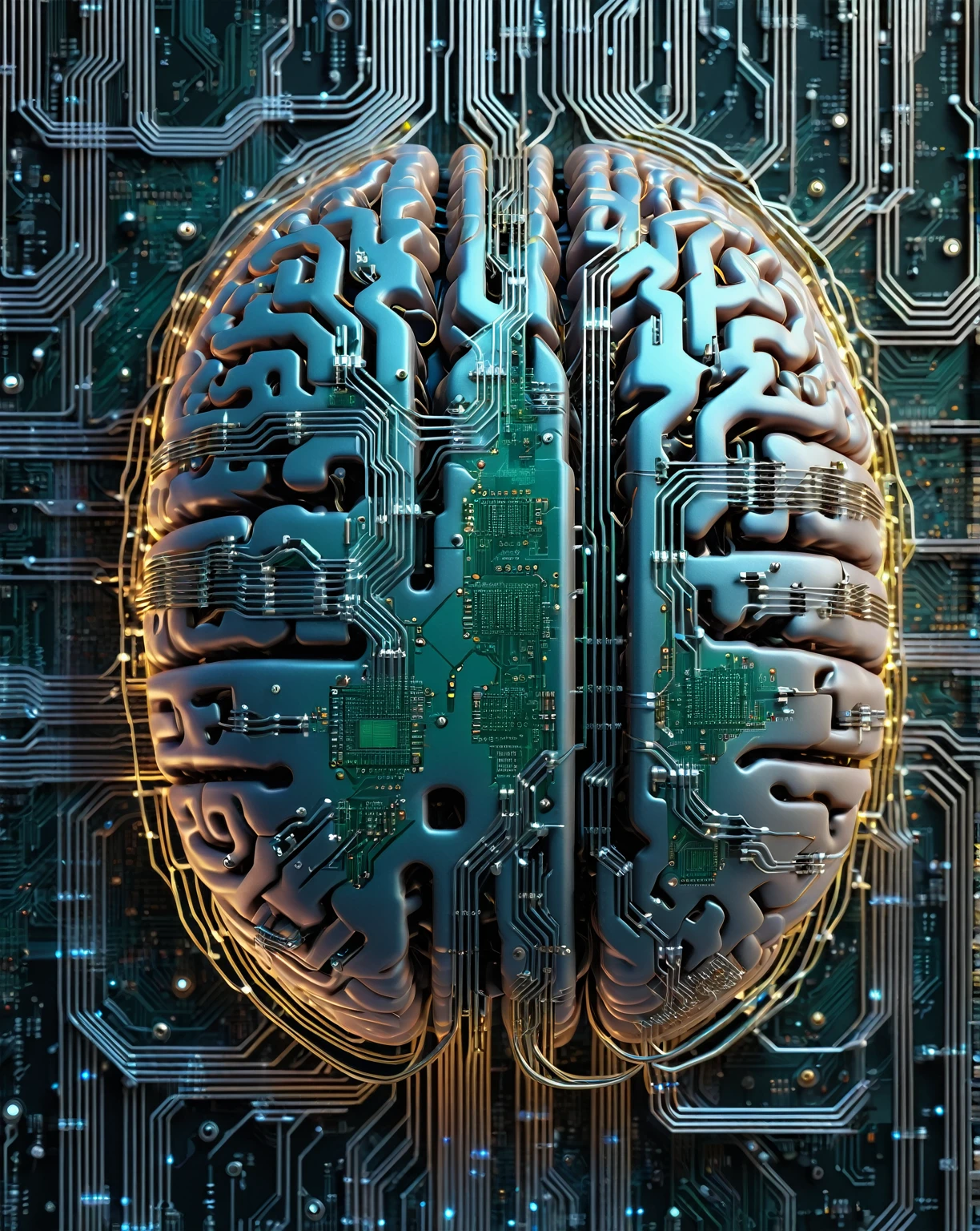 A digital book cover image of A digital brain with circuitry and binary code intertwined, symbolizing the merging of technology and human intelligence, 16K, highly detailed.