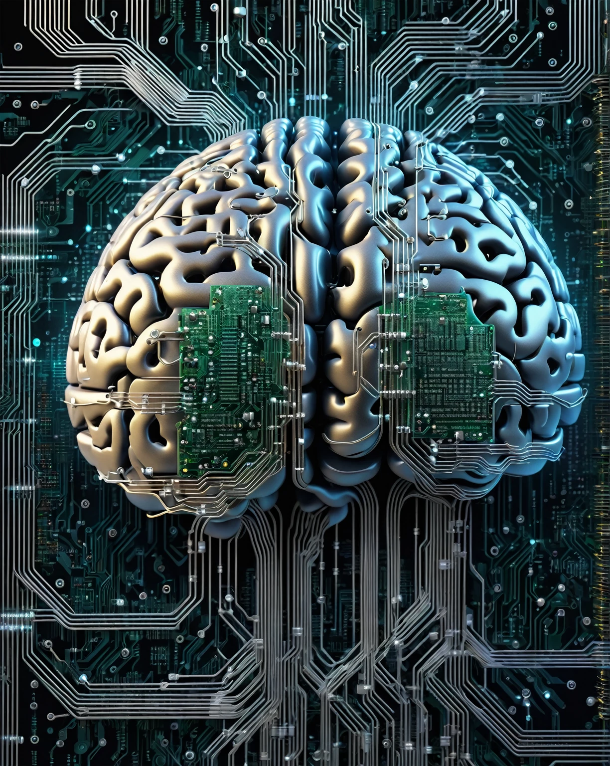 A digital book cover image of A digital brain with circuitry and binary code intertwined, symbolizing the merging of technology and human intelligence, 16K, highly detailed.