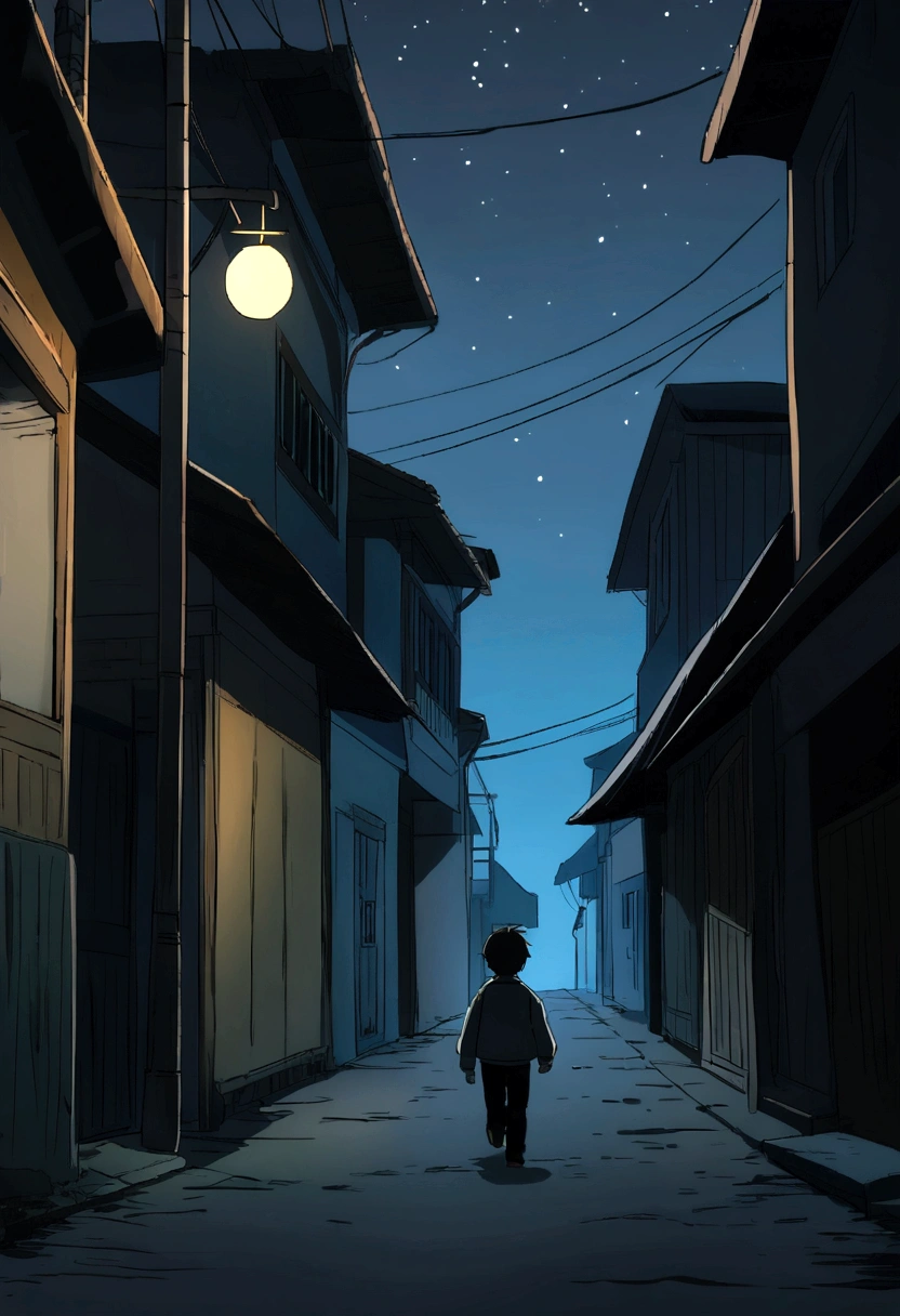 A 5--old walking down a dark, deserted street, dangerous situation, Alone boy, far from home, lost on the way to school, dim light, dirty street, dark sky, Sky without stars, anime style draw