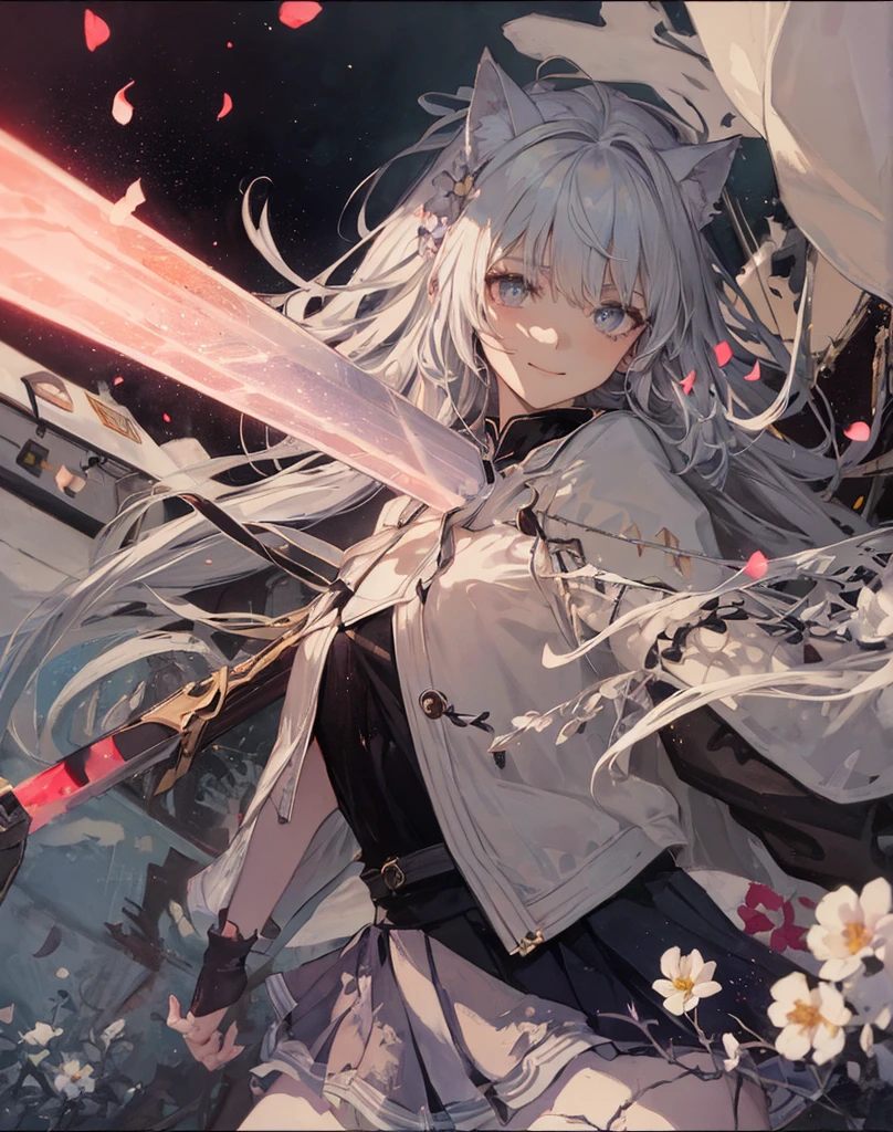 masterpiece, best quality, 1girl, (colorful),(finely detailed beautiful eyes and detailed face),bust shot,extremely detailed CG unity 8k wallpaper,white hair,solo,smile, cool skirt,((flying petal)),(Flowery meadow) sky, cloudy_sky, building, moonlight, moon, night, (dark theme:1.3), light,fantasy, high contrast hdr, ink strokes, over exposure, purple and red tone impression , abstract, ((watercolor painting by John Berkey and Jeremy Mann )) brush strokes, negative space,black pantyhose, ((pink giant laser sword, long 2 meters)), studio ufotable style, demon slayer, white hair, ((neko ears)), aesthetic scenery, best Anime of the year, cool eyes. Sexy sword pose