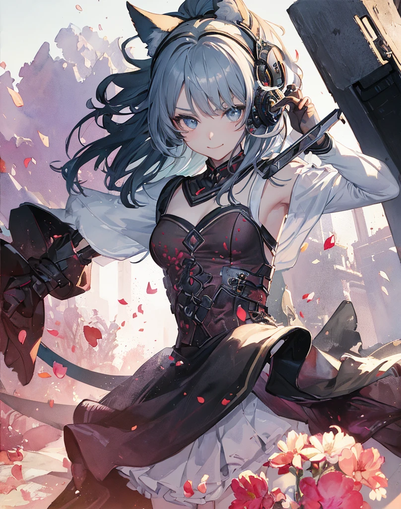masterpiece, best quality, 1girl, (colorful),(finely detailed beautiful eyes and detailed face),bust shot,extremely detailed CG unity 8k wallpaper,white hair,solo,smile, cool skirt,((flying petal)),(Flowery meadow) sky, cloudy_sky, building, moonlight, moon, night, (dark theme:1.3), light,fantasy, high contrast hdr, ink strokes, over exposure, purple and red tone impression , abstract, ((watercolor painting by John Berkey and Jeremy Mann )) brush strokes, negative space,black pantyhose, ((pink giant laser sword, long 2 meters)), studio ufotable style, demon slayer, white hair, ((neko ears)), aesthetic scenery, best Anime of the year, cool eyes. Sexy sword pose