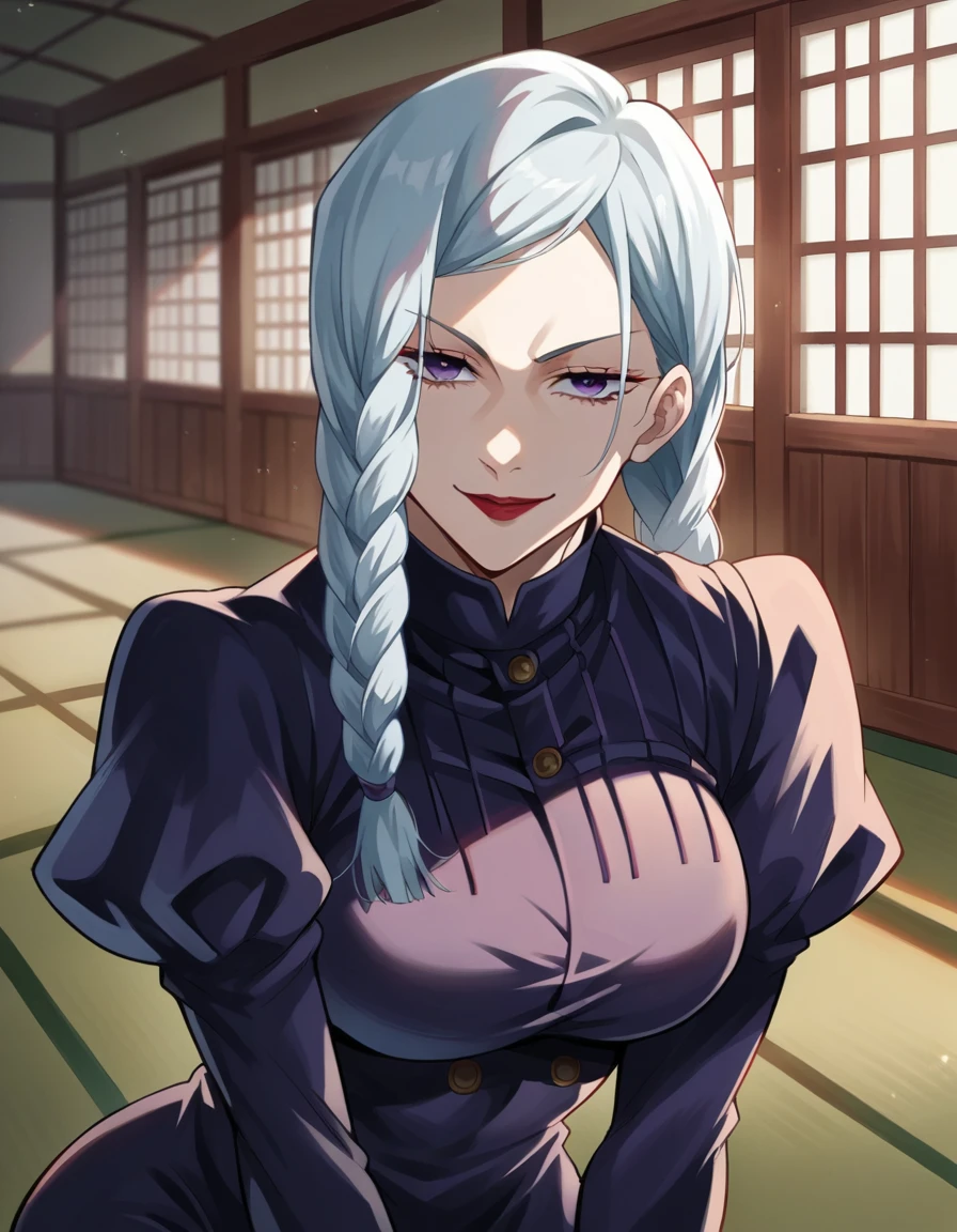 score_9, score_8_up, score_7_up, source_anime,
Meimei, Mei Mei, white braided hair, purple eyes, red lips,
Black tight dress, jujutsu kaisen uniform,
indoors, dojo, seductive pose,
solo, naughty smile, looking at viewer,