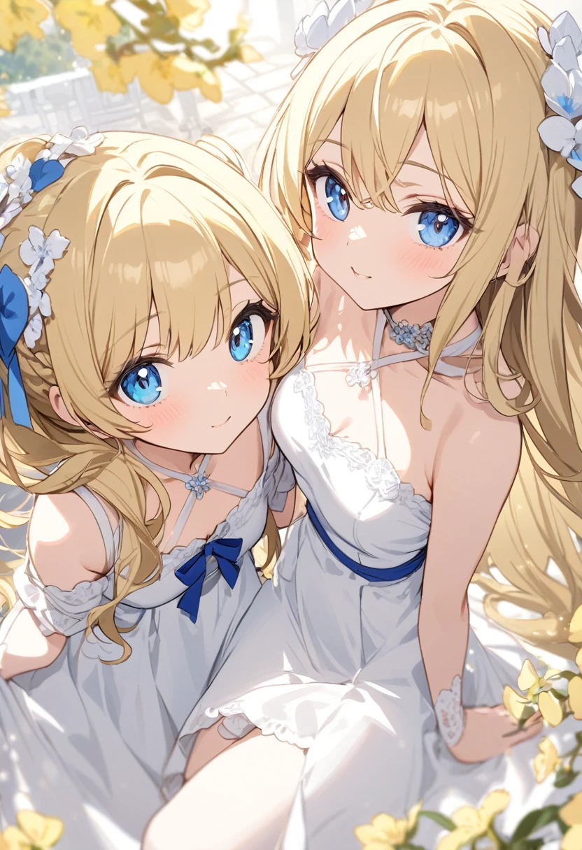 Blonde girls, blue eyes, white dress