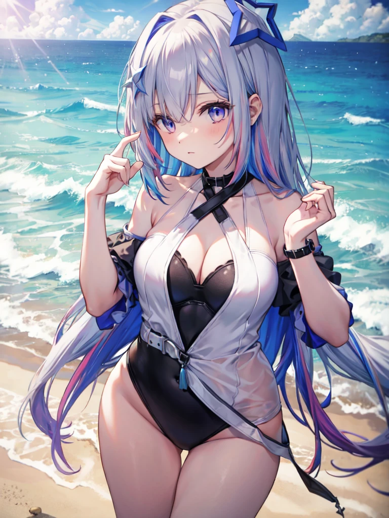 Busty woman in swimsuit poses on the beach,long hair, multicolored hair, official alternate hair length, grey hair, colored inner hair, blue hair, purple eyes, Star Hello