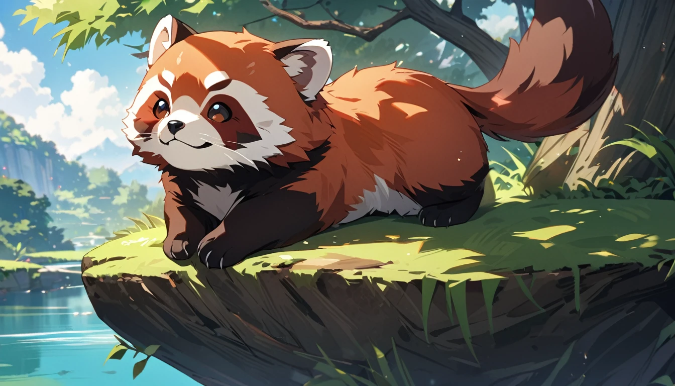 Solo, no humans, animals, red panda, animal-centered, masterpiece, highest quality, cute, detailed description, natural scenery, relaxing,sky