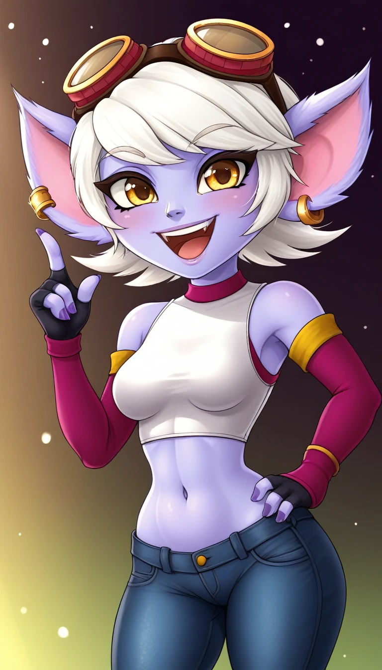 TristanaLoLXL, yordle, yellow eyes, pointy ears, by white, short hair, earrings, glasses on head, purple skin, colored skin. medium breasts, White crop top, belly button, arm sleeves, fingerless gloves, elbow gloves, tight jeans pants, singing happy and sexy