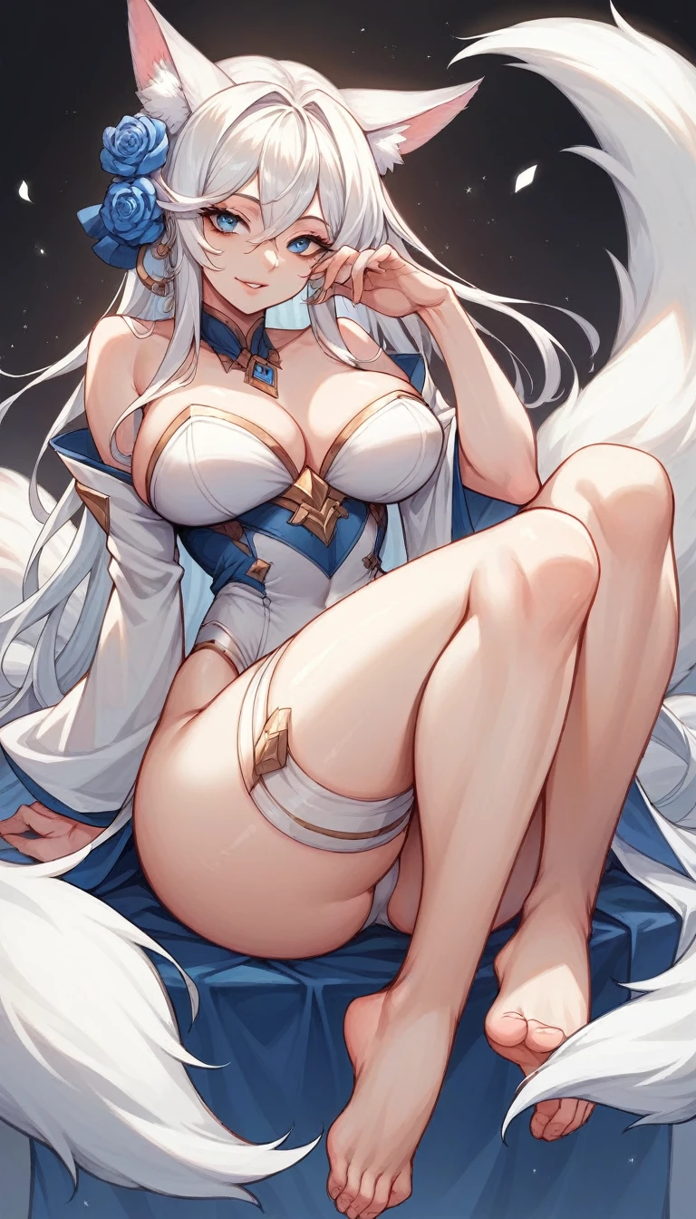 high detail, super detail, super high resolution, high quality. Extremely sexy and beautiful girl, with a beautiful face, wide and beautiful lips, lascivious smile, White skin, blue eyes, curvy body, beautiful feet and thighs, long white hair, white fox ears and fox tail, dressed in rags, It's low-cut. sitting, showing legs, crossed legs, showing feet, showing soles. He wears a shackle and chains around his neck., on the hands and ankles. barefoot, feet on camera, big breasts, correct pie anatomy, foot anatomy, sexy pie, Feet pointing at viewer, Detailed feet, correct pie anatomy, seated. very wet, wet clothes, clothing fabric marking your body more.