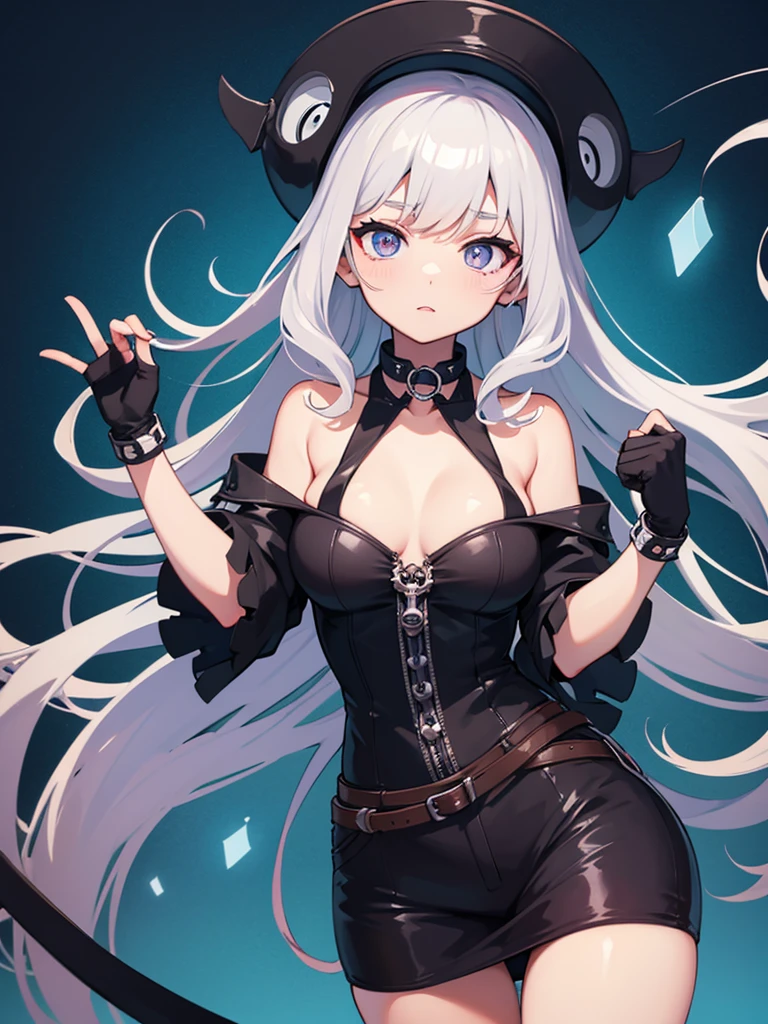 A kraken girl with long hair and tentacles, a collar around her neck , two pairs of eyes